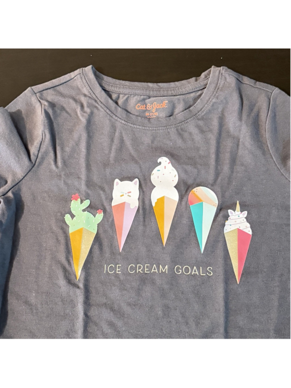 Cat & Jack Girls Gray Ice Cream Goals Graphic Tee Shirt Size M 7/8 Summer Camp